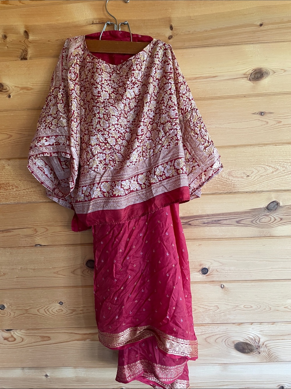 Women's Recycled Silk Sari Red Tie pants and Top Set